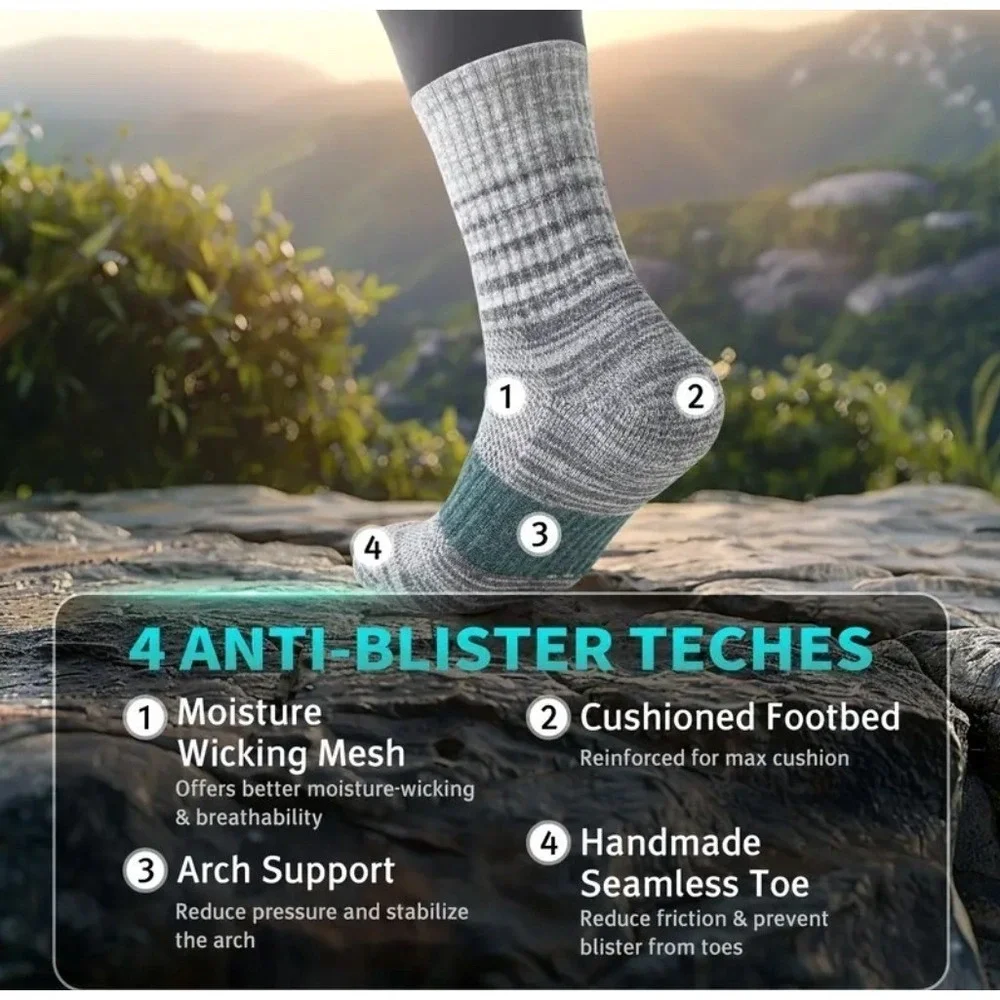 Unisex Merino 70% Wool Mid-Crew Anti-Blister Hiking Socks Large Multi Colors 5pk
